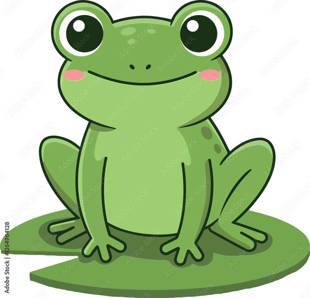 Cute green frog character in flat design style sitting on lily pad vector art Cute green frog character in flat design style sitting on lily pad vector art
