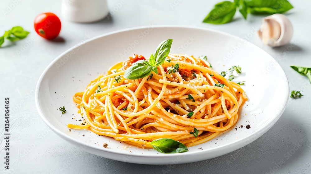 Delicious spaghetti in a white bowl garnished with fresh basil and seasoning. Classic Italian cuisine at its finest. Delicious spaghetti in a white bowl garnished with fresh basil and seasoning. Classic Italian cuisine at its finest.
