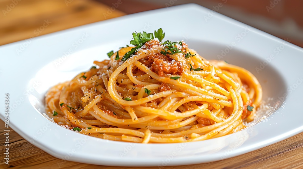 Delicious spaghetti served with rich tomato sauce and herbs on a white plate for culinary delight. Delicious spaghetti served with rich tomato sauce and herbs on a white plate for culinary delight.