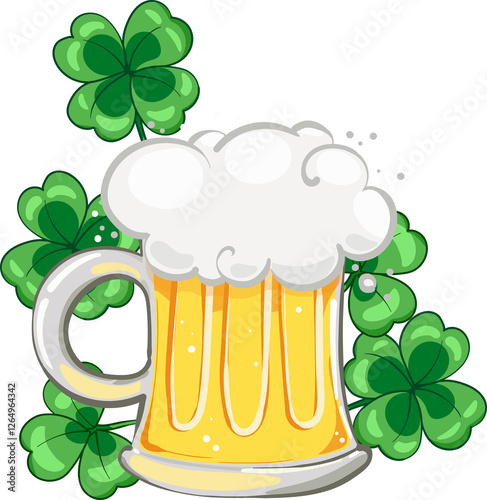 Mug of beer. Saint Patricks Day . Ale or beer in mug with shamrock clover leaf