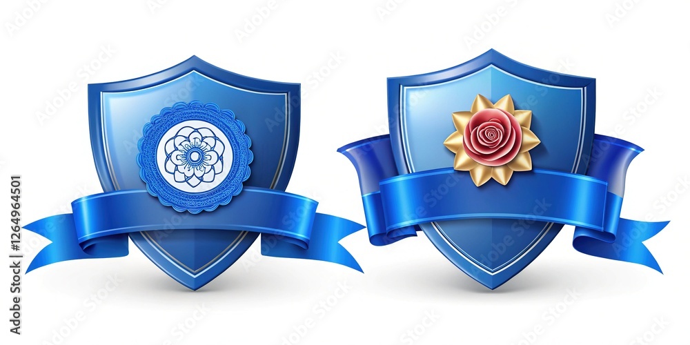 Blue Banners with Shield and Rosette in Sharp, Bright Colors Blue Banners with Shield and Rosette in Sharp, Bright Colors