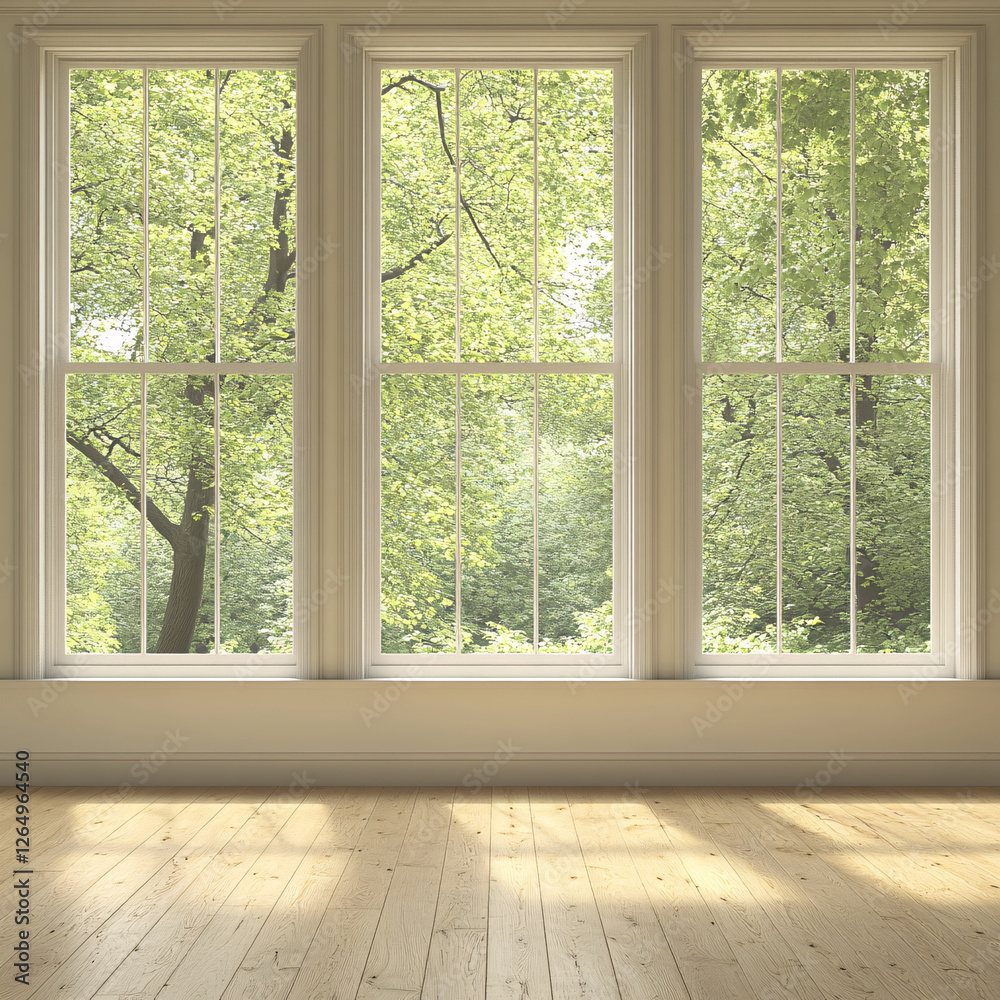 Fototapeta premium Sunlit wood floor, three large windows framing a lush, green tree-filled view, creating a serene, bright interior space.