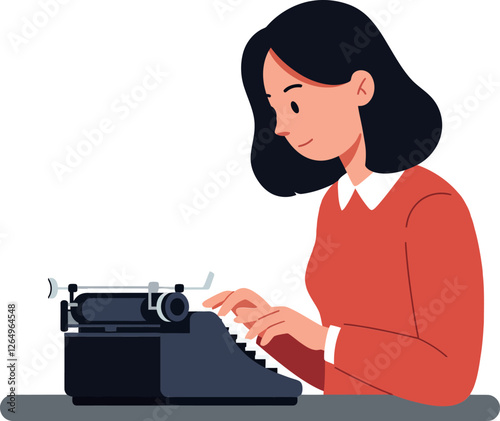 Woman typing on vintage typewriter in flat design style, showcasing creativity, focus, and productivity in vector art