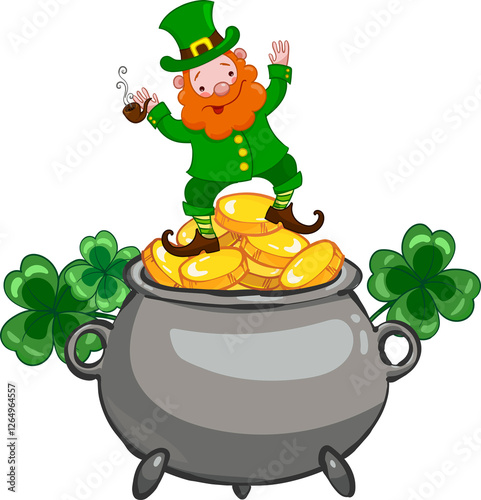 Character cheerful leprechaun with pot full of gold coins and a clover., a dwarf in a green caftan illustration for st patrick s day