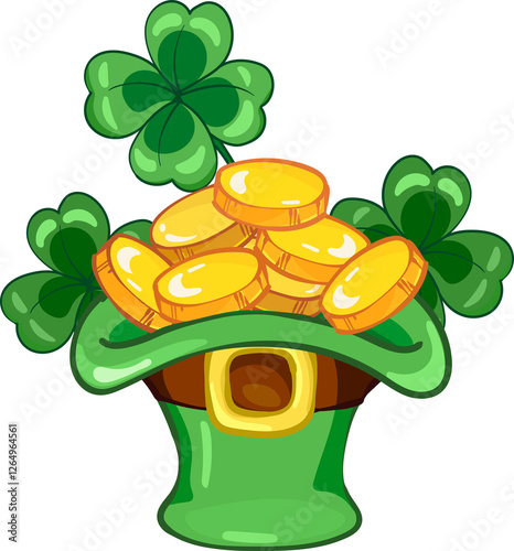 green leprechaun hat with gold coins and clover shamrock. for st. patricks day.