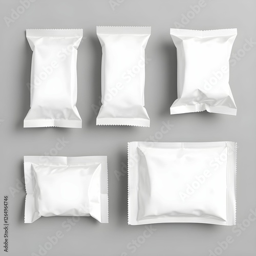 Wallpaper Mural White product packaging, snack pouches, clean design, minimalist, top view, soft shadows, blank templates, food packaging mockup, studio lighting, crisp details, textured surface, product design Torontodigital.ca