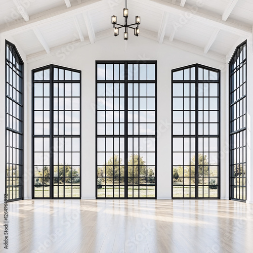 Bright, airy room with large windows offering a verdant view, beneath a vaulted ceiling with a modern chandelier.