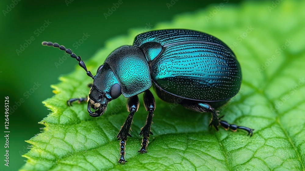 Fototapeta premium Green beetle leaf macro nature closeup insect