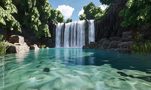 Majestic waterfall cascading into crystal clear pool surrounded by lush greenery and rocks in nature
