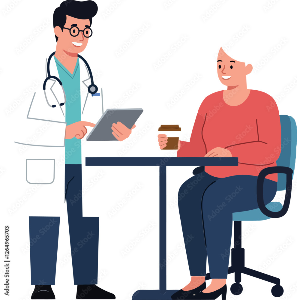 Fototapeta premium Doctor consulting with patient in a modern office setting, flat design vector illustration