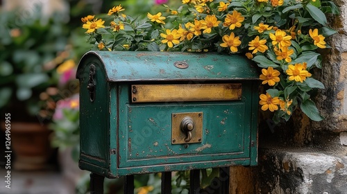 Green mailbox, flowers, garden, post, spring
