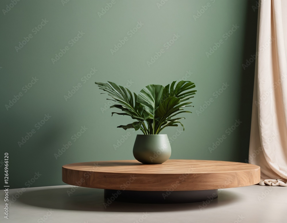 round wooden podium table with green throw blanket in sunlight on white wall for luxury elegant cosmetic skincare body care beauty product display background 3d round wooden podium table with green throw blanket in sunlight on white wall for luxury elegant cosmetic skincare body care beauty product display background 3d