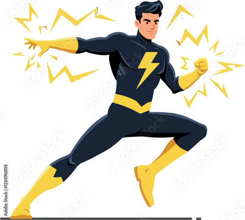Dynamic superhero character in action pose with vibrant colors and energy bolts in flat vector illustration