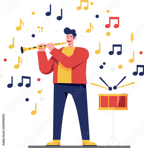 Musician playing flute with colorful notes floating around in flat vector art style vector illustration