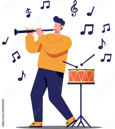 Musician playing clarinet with drum in vibrant flat vector art illustration showcasing joyful musical expression