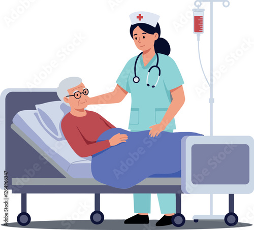 Caring nurse assisting elderly patient in hospital bed with flat, colorful design vector illustration