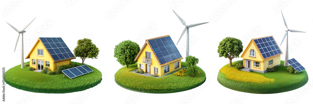House with solar panel on roof and wind turbine House with solar panel on roof and wind turbine