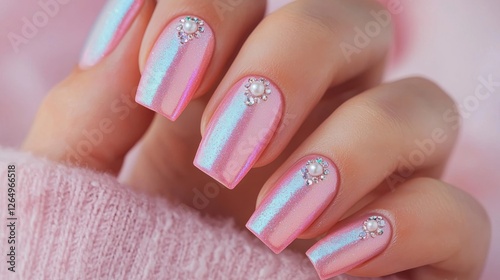 Nail Fashion manicure creative concept. Elegant Coffin Nails with 3D Pearl and Gem Accents in Soft Pink Color Palette