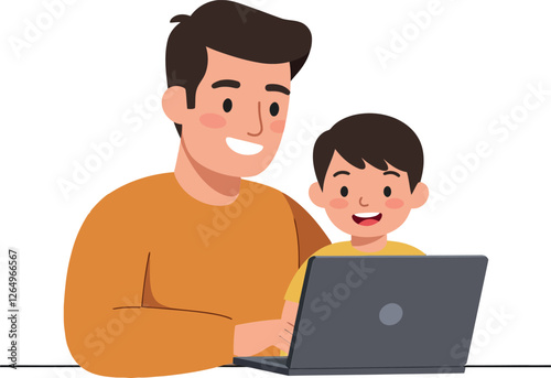 Father and son joyfully interacting with laptop in flat, minimal vector art style