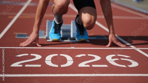 A man is standing on a track with the number 2026 on the ground. He is wearing blue shoes and is looking down at the ground