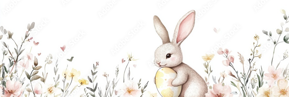 Fototapeta premium Adorable bunny with easter egg amidst whimsical spring blossoms concept