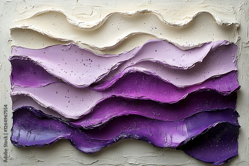 Abstract textured artwork featuring layered waves of white, lavender, and purple paint on canvas