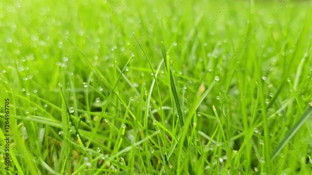 Fresh, bright green grass. 
Dew hanging from the blades. 
Freshness. Close-up.