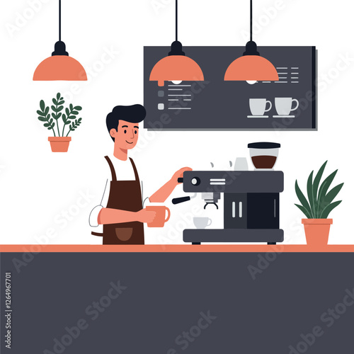Coffee barista preparing a fresh cup of coffee in a minimal flat vector art illustration