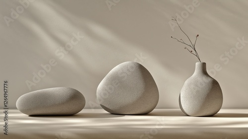 Minimalist still life with smooth stone shapes and a slender vase