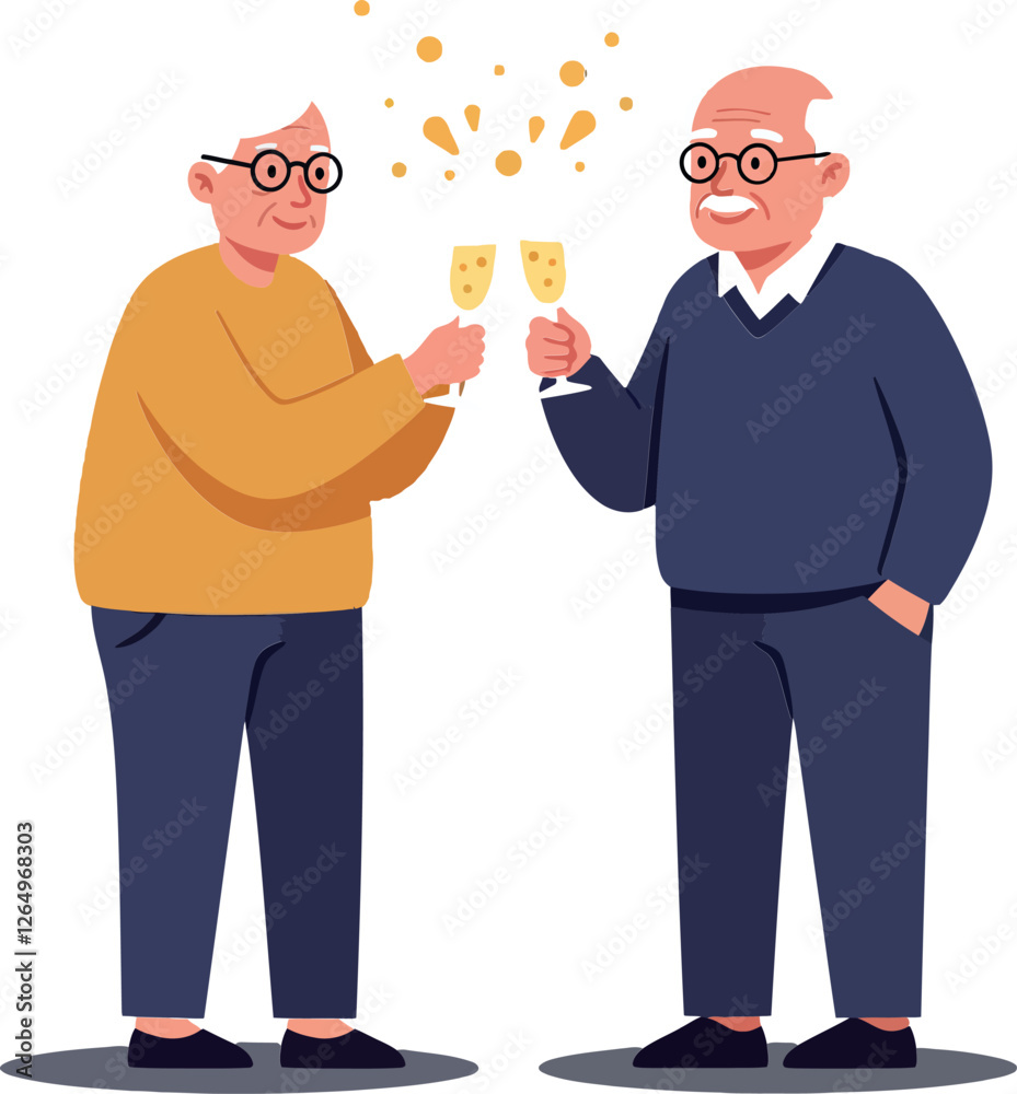 Two elderly men celebrating with drinks in a cheerful atmosphere, flat vector illustration