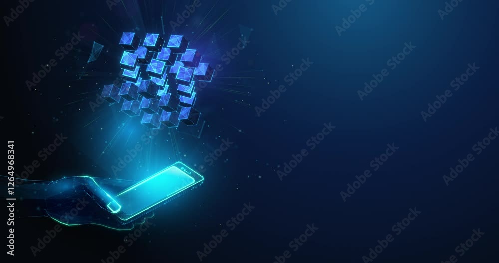 Lowpoly Animation of Blockchain Cubes Spinning over Smartphone in Hand. Blockchain technology and cryptocurrency fintech solution animated looped concept by wireframe mesh on blue background