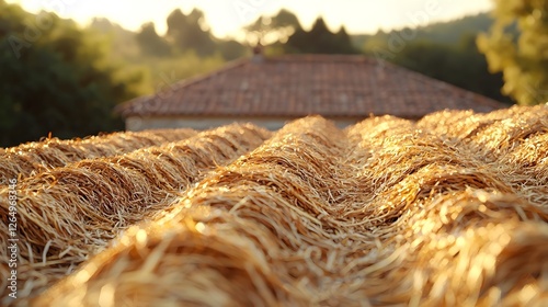 The golden wheat stacks on the roof of the farmhouse photo