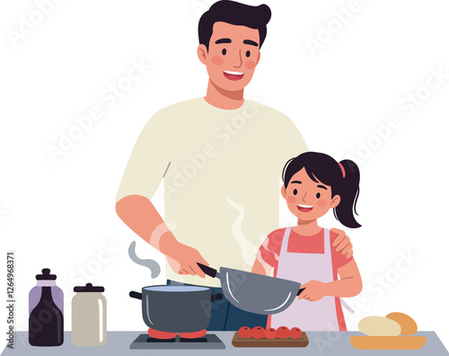 Father and daughter cooking together in a bright and cheerful kitchen, flat vector illustration
