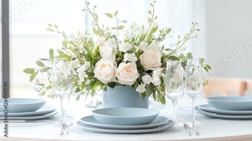 Wallpaper Mural Elegant table setting with floral centerpiece, featuring delicate white roses and greenery in a serene dining ambiance. Torontodigital.ca