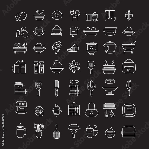 Set of line icons in linear style. Theme: Cooking Kitchen，선 스타일의 아이콘 세트. 주제: 요리 부엌,線のスタイルのアイコンセット。テーマ：調理台所，Ensemble d'icônes en style linéaire. Thème : Cuisine.مجموعة أيقونات بخط سلسلة نمط خطmui، 