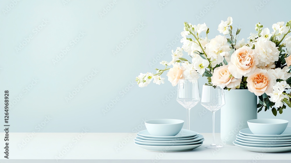 Elegant table setting with pastel floral centerpiece, soft hues, perfect for special occasions and intimate gatherings. Elegant table setting with pastel floral centerpiece, soft hues, perfect for special occasions and intimate gatherings.