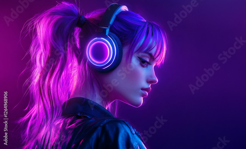 Stylish woman with headphones in neon setting