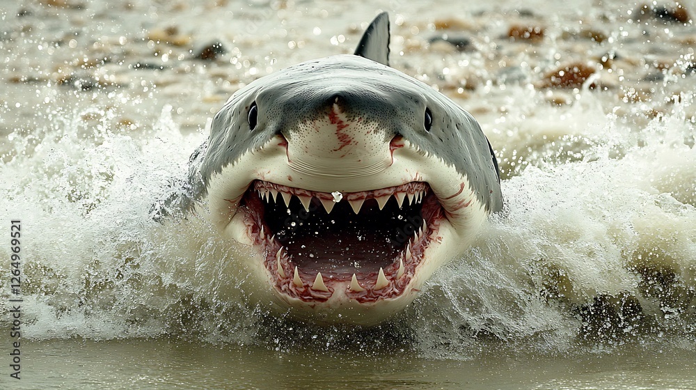 Obraz premium A Terrifying Great White Shark Emerging from the Water with Open Jaws
