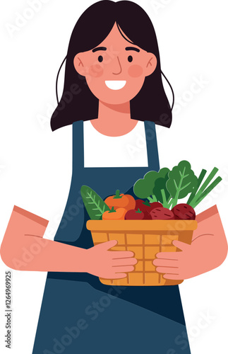 Woman holding a basket of fresh vegetables in minimal flat design vector art