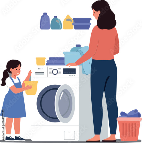 Woman and child engaged in laundry task using modern washing machine in flat vector art