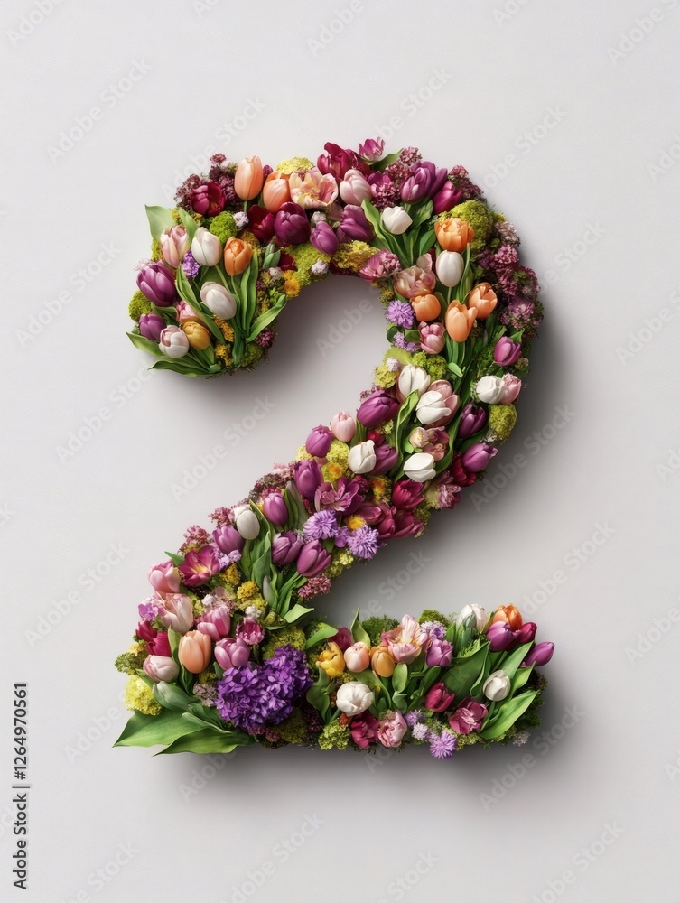 3D lettering of the number 2 made from pink tulips , in pastel colors, with soft lighting, 3D lettering of the number 2 made from pink tulips , in pastel colors, with soft lighting,