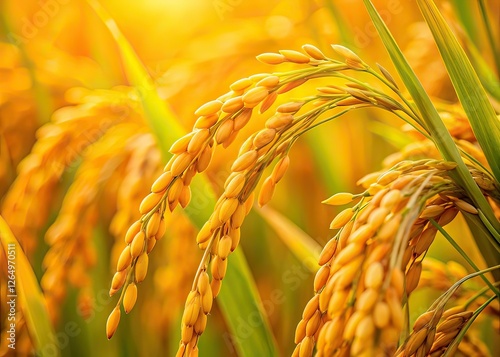 Golden Paddy Rice Macro Closeup,  Beautiful Paddy Field Detail