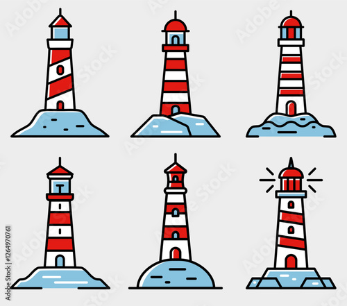Set of six colorful bold outlined lighthouse icons