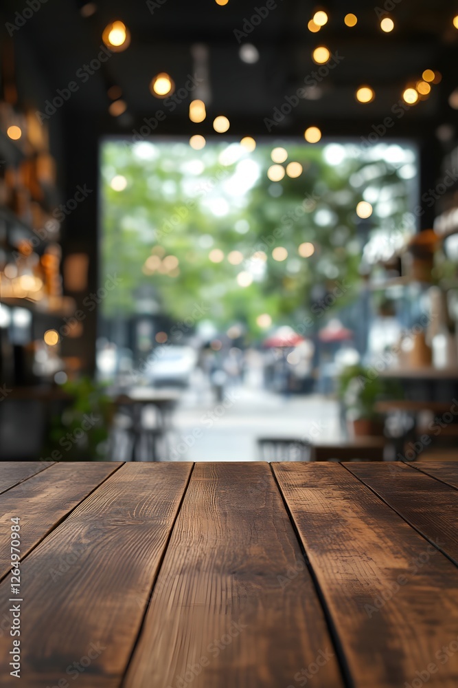 Rustic Wooden Tabletop in a Cafe with Bokeh Lights and Blurred City View Background Rustic Wooden Tabletop in a Cafe with Bokeh Lights and Blurred City View Background