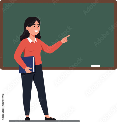 Teacher presenting information in a classroom with a chalkboard in flat vector art style