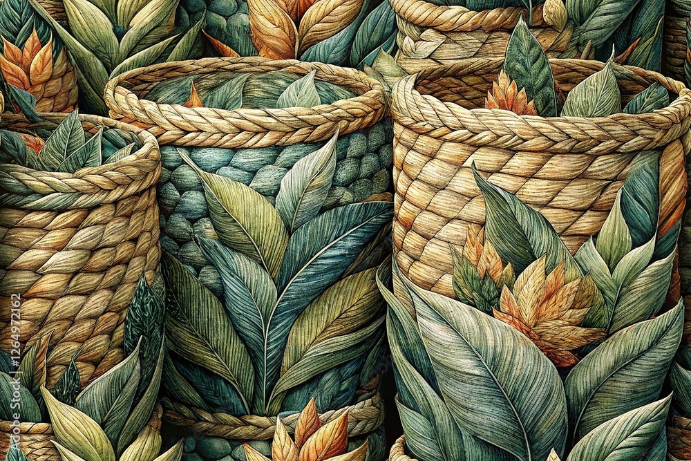 Obraz premium Low Light Botanical Illustrations on Woven Plant Pots - Stock Photo