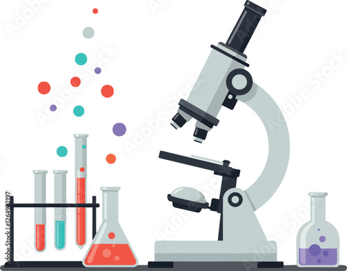 Detailed microscope with colorful liquids and flasks in flat style vector art