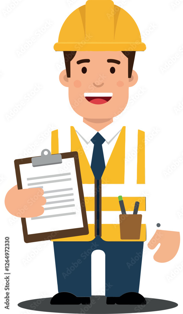 Construction worker character in flat style wearing safety gear holding clipboard and pencil vector illustration Construction worker character in flat style wearing safety gear holding clipboard and pencil vector illustration