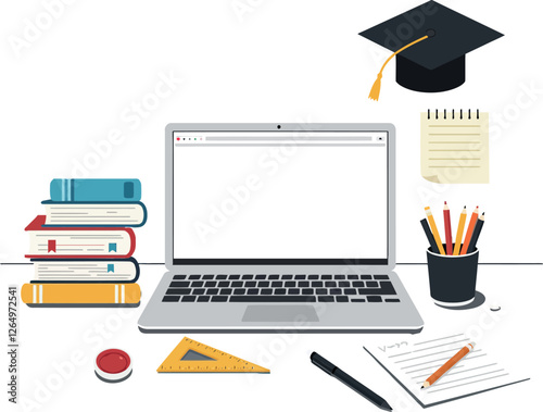 Laptop and school supplies arranged for studying in minimal flat vector art