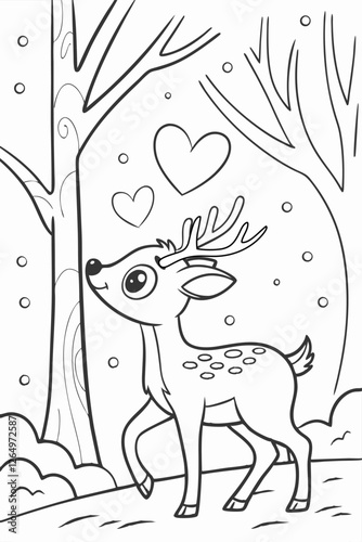 Magical winter story: cute fawn in a snowy forest with unusual heart snowflakes
